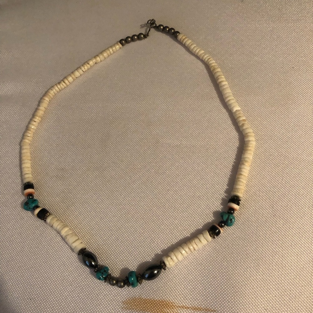 Santo Domingo Turquoise, Puka Shell, & Hematite Necklace-809 $35 or $30 w/offer